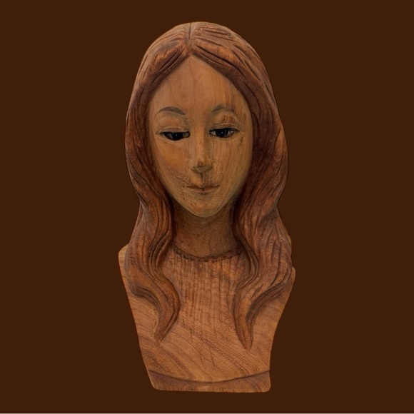 Other - Vintage Hand Carved Wooden Bust Sculpture Woman Girl Long Hair
